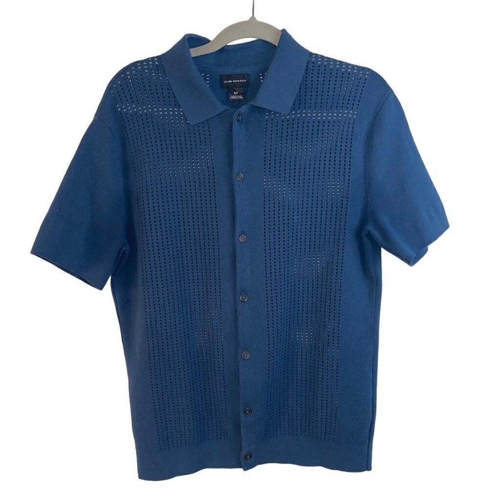 Club Monaco Mens Shirt Sweater Size Small Blue Short Sleeve Mesh Button Down